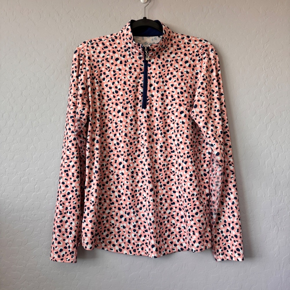 SanSoleil Women's L Large Long Sleeve Quarter Zip Golf Shirt Salmon Navy Print